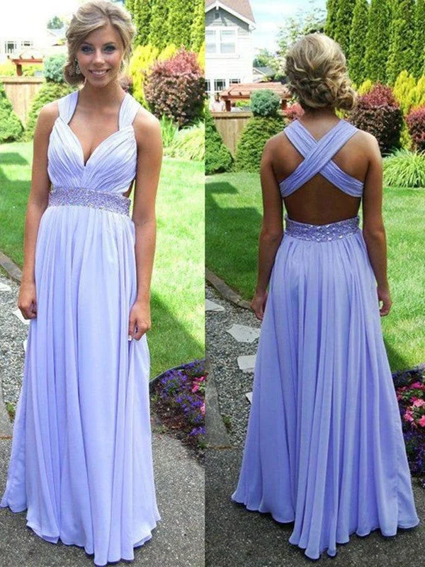 Weekend Shopping Fever Light Purple A-line Straps Cross-back Beaded Long Prom Dress, Graduation Dress, Wedding Party Dress