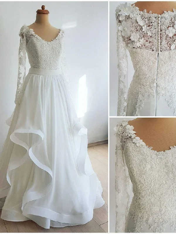 Weekend Sale Marathon Long Sleeve Wedding Dresses A-line Floor-length Ruffles Chiffon Simple Lace Bridal Gown JKW335 Weekend Sale Marathon Long Sleeve Wedding Dresses A-line Floor-length Ruffles Chiffon Simple Lace Bridal Gown JKW335