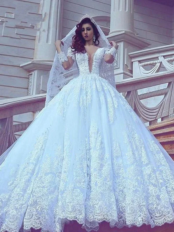 Hurry, Don’t Miss Out Long Sleeve Wedding Dresses V-neck Ball Gown Long Train Elegant Luxury Big Bridal Gown JKW378 Hurry, Don’t Miss Out Long Sleeve Wedding Dresses V-neck Ball Gown Long Train Elegant Luxury Big Bridal Gown JKW378