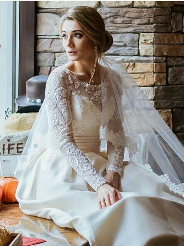 Weekend Big Savings Long Sleeve Wedding Dresses with Pockets Short Train Long Romantic Satin Bridal Gown JKW333 Weekend Big Savings Long Sleeve Wedding Dresses with Pockets Short Train Long Romantic Satin Bridal Gown JKW333