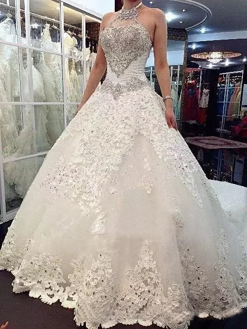Weekend Shopping Fever Luxury Wedding Dresses Halter Sexy Lace-up Sweep/Brush Train Bridal Gown JKW070 Weekend Shopping Fever Luxury Wedding Dresses Halter Sexy Lace-up Sweep/Brush Train Bridal Gown JKW070