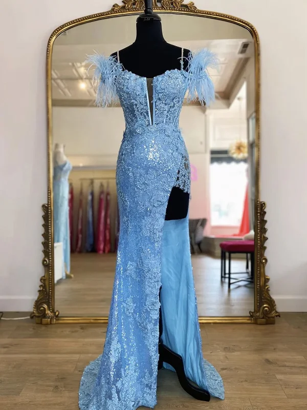 Weekend Exclusive Discounts Mermaid Blue Lace Long Prom Dresses,  Lace Blue Mermaid Formal Evening Dresses