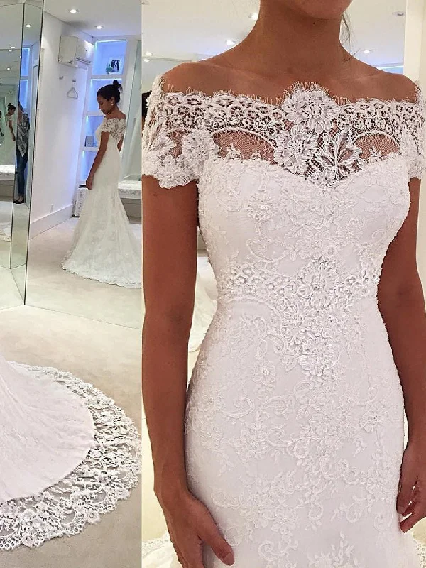 Weekend Steals Await Mermaid Wedding Dresses Romantic Short Sleeve Sweep Train Lace White Bridal Gown JKW336 Weekend Steals Await Mermaid Wedding Dresses Romantic Short Sleeve Sweep Train Lace White Bridal Gown JKW336