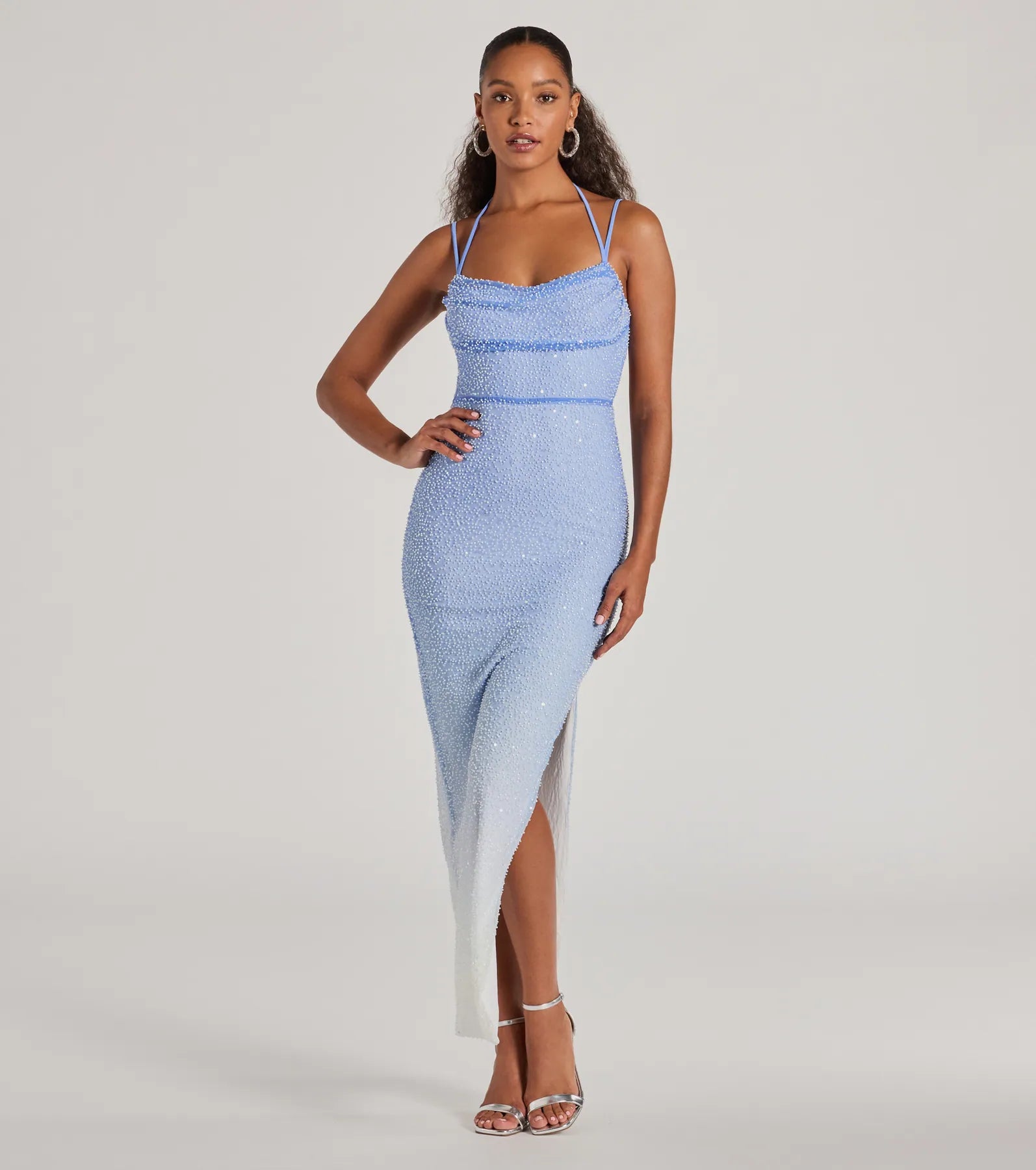 Nia Beaded Ombre Mesh High Slit Formal Dress