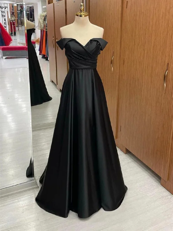 Off Shoulder Black Satin Long Prom Dress, Long Black Formal Graduation Evening Dress