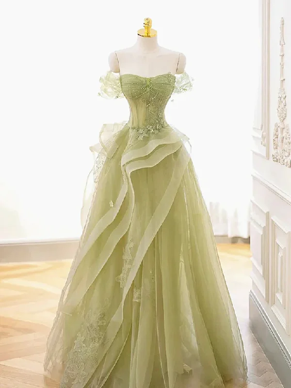 Off  Shoulder Green Tulle Beaded Long  Prom Dresses, Off the Shoulder Green Tulle Long  Formal Evening Dresses