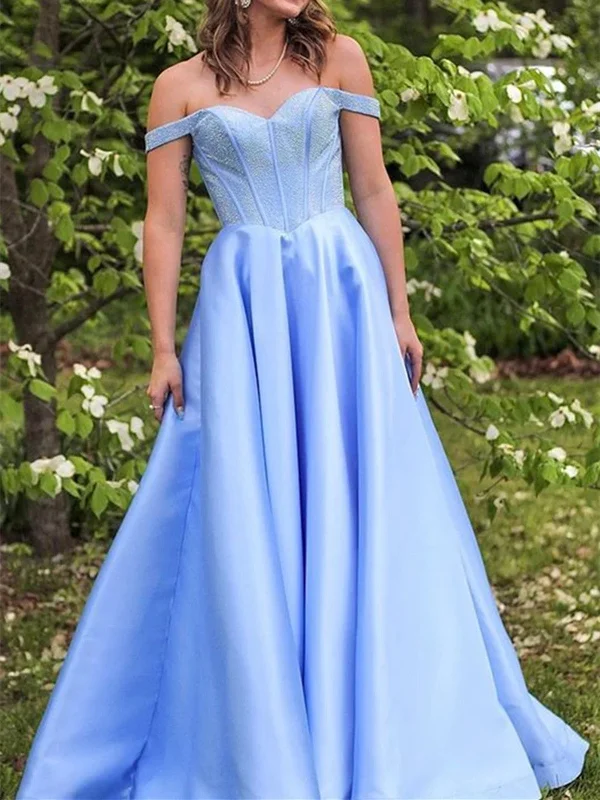 Weekend Savings Bonanza Off Shoulder Light Blue Satin Long Prom Dresses,   Off The Shoulder Satin Light Blue Formal Evening Dresses