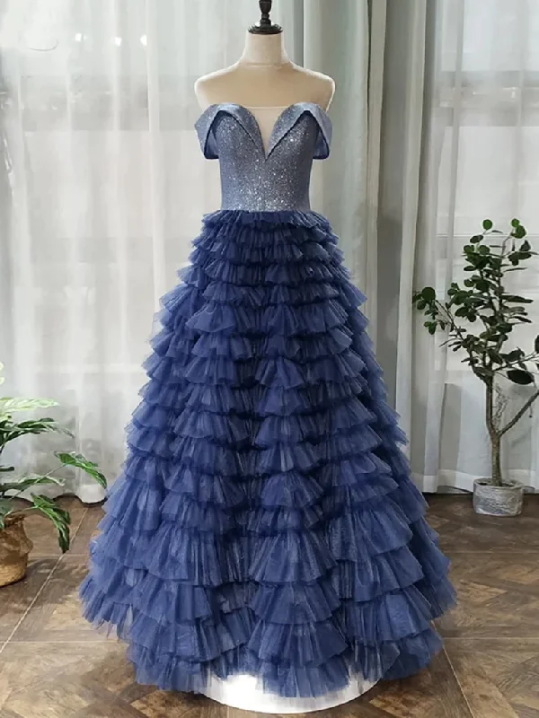 One-Stop Shop Sale Off Shoulder Sequins Top Navy Blue Long Prom Dresses, Off the Shoulder Navy Blue Formal Evening Ball Gown