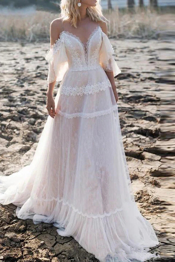 Off-Shoulder V-Neck A-Line Lace Boho Wedding Dress