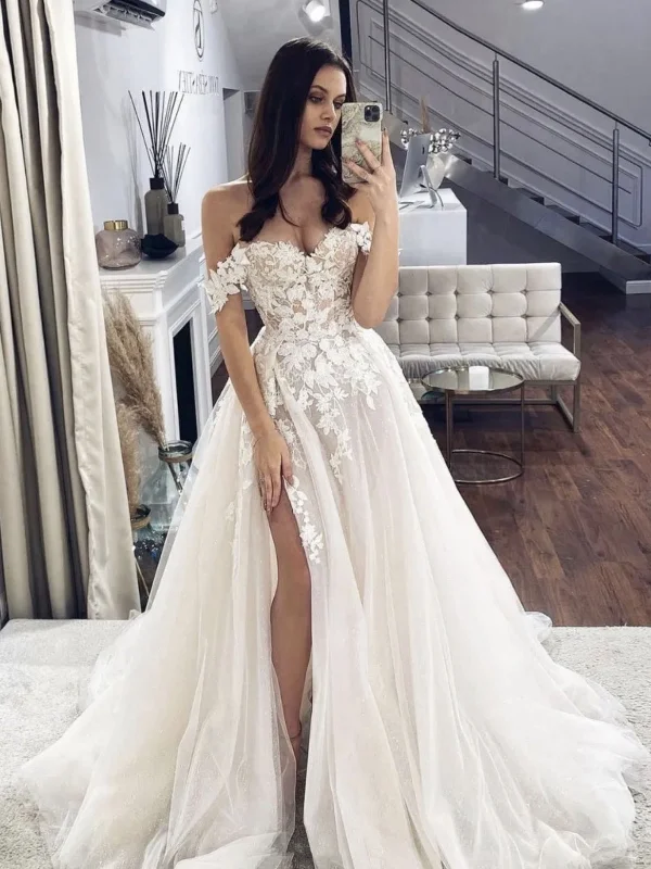 Off Shoulder White Lace Long Prom Wedding Dresses, White Lace Formal Graduation Evening Dresses SP2516