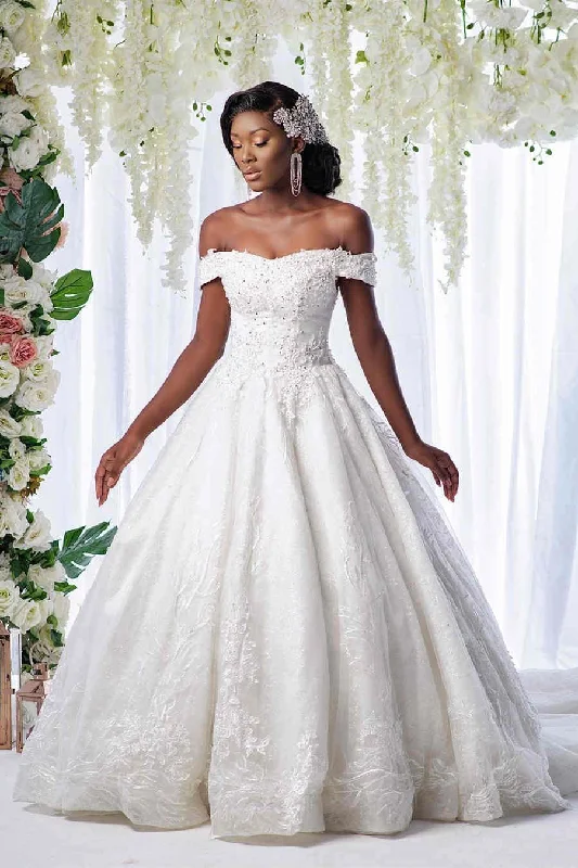 Weekend Steals Await Off the shoulder Beaded Lace White Wedding with Train