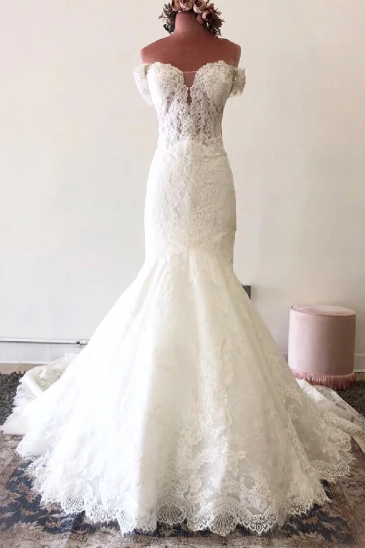 Weekend Promo Offers Off the Shoulder Court Train Lace White Wedding Dress