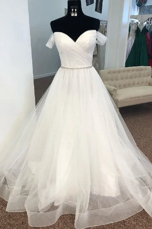 Weekend Flash Offers Off the Shoulder Pleated Wedding Dress with Beaded Waist