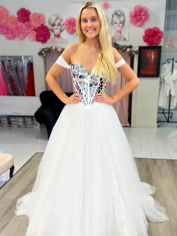 Special Shopping Event Off the Shoulder Silver Beading Tulle Long Prom Dresses, Off Shoulder White Tulle Long Formal Evening Dresses