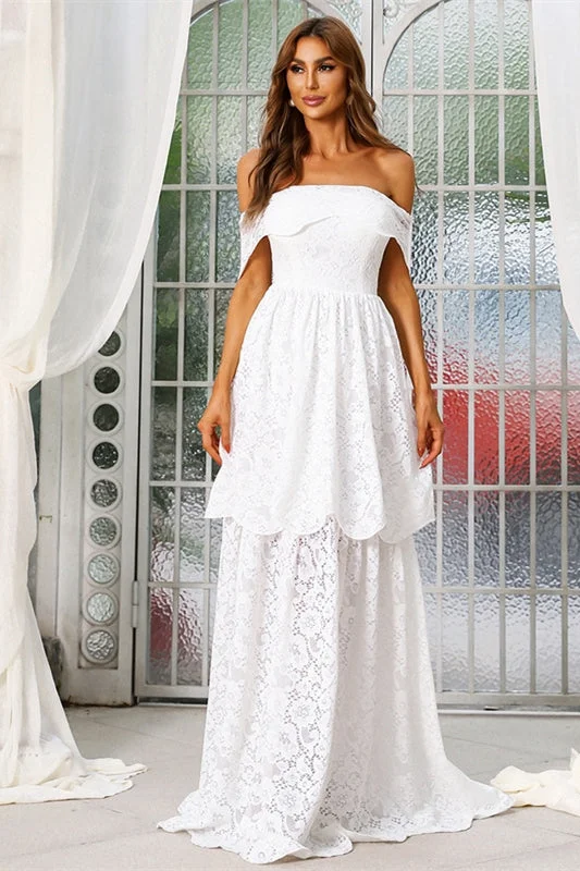 Weekend Clearance Frenzy Off the Shoulder White Lace Layers Long Wedding Dress