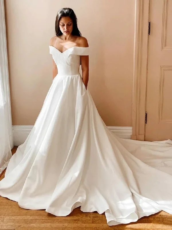Weekend Sale Marathon Off the Shoulder White Satin Long Prom Dresses with Train,  White Off Shoulder Formal Evening Dresses