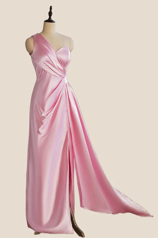 Weekend Price Drop Frenzy One Shoulder Pink Ruched Long Party Dress