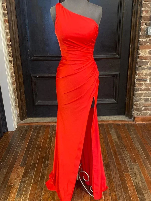 Weekend Shop Now One Shoulder Red /Black Mermaid Long Prom Dresses with High Slit, Red /Black Mermaid Formal Evening Dresses