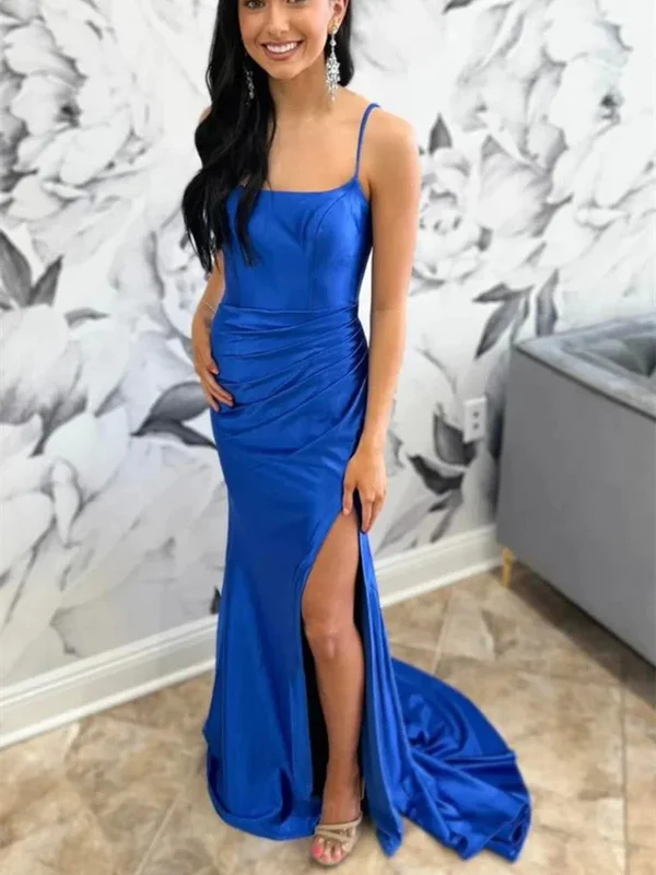 Big Bargain Bonanza Open Back Mermaid Royal Blue Long Prom Dresses with High Slit, Mermaid Royal Blue Backless Formal Evening Dresses
