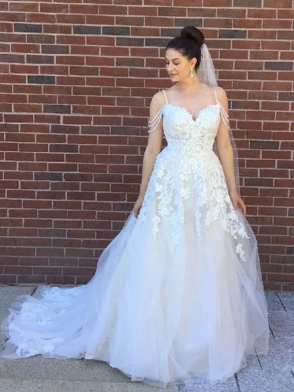 Weekend Big Discount Event Open Back Wedding Dresses A-line Spaghetti Straps Appliques Romantic Bridal Gown JKW357 Weekend Big Discount Event Open Back Wedding Dresses A-line Spaghetti Straps Appliques Romantic Bridal Gown JKW357