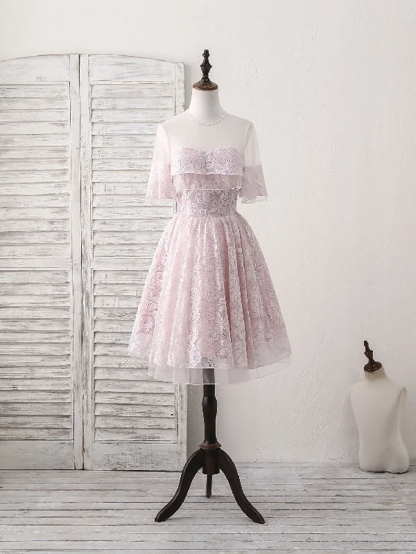 Pink Round Neck Lace Tulle Short Prom Dress, Pink Homecoming Dress