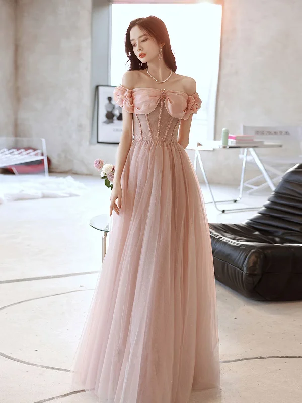 Super Low Prices Pink Sweetheart Neck Tulle Beads Long Prom Dress, Pink Evening Dress Super Low Prices Pink Sweetheart Neck Tulle Beads Long Prom Dress, Pink Evening Dress