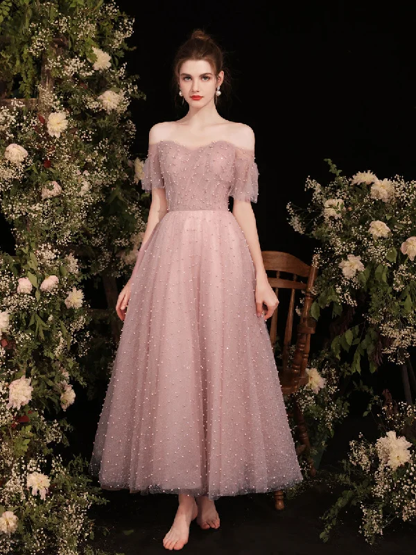 Massive Sale Event Pink Sweetheart Tulle Tea Length Prom Dress, Pink Formal Dress