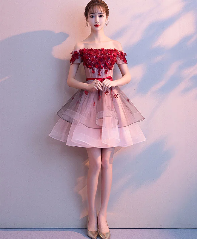 Limited-Time Flash Deal Pink Tulle Lace Short Prom Dress, Pink Tulle Homecoming Dress