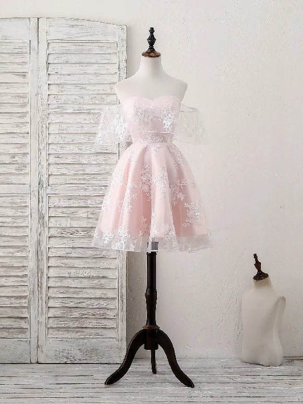 Pink Tulle Sweetheart Lace Short Prom Dress, Pink Homecoming Dress