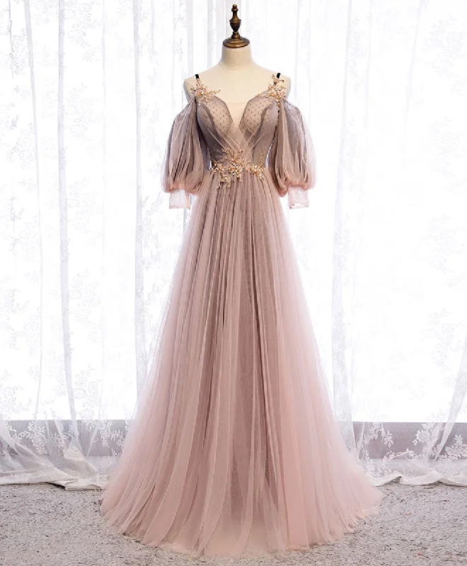 Only for You Pink V Neck Tulle Lace Long Prom Dress Pink Tulle Formal Dress