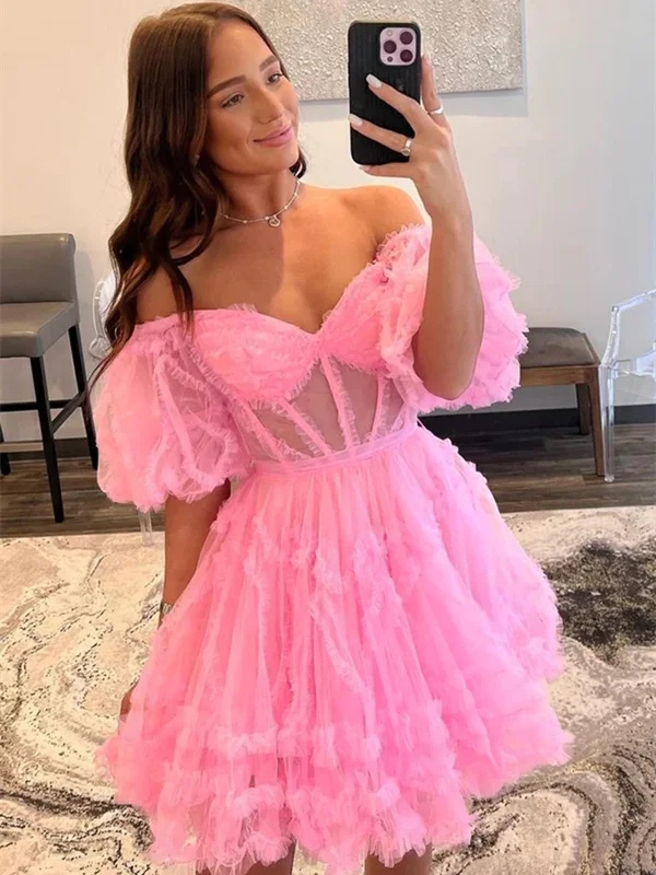 Princess Off  Shoulder Pink Short Prom Dresses, Short Off The Shoulder Pink Homecoming  Formal Evening Dresses