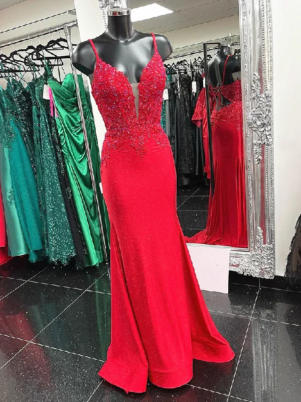 Shop & Get More Red Mermaid Lace Prom Dresses, V Neck Red Mermaid Lace Formal Evening Dresses