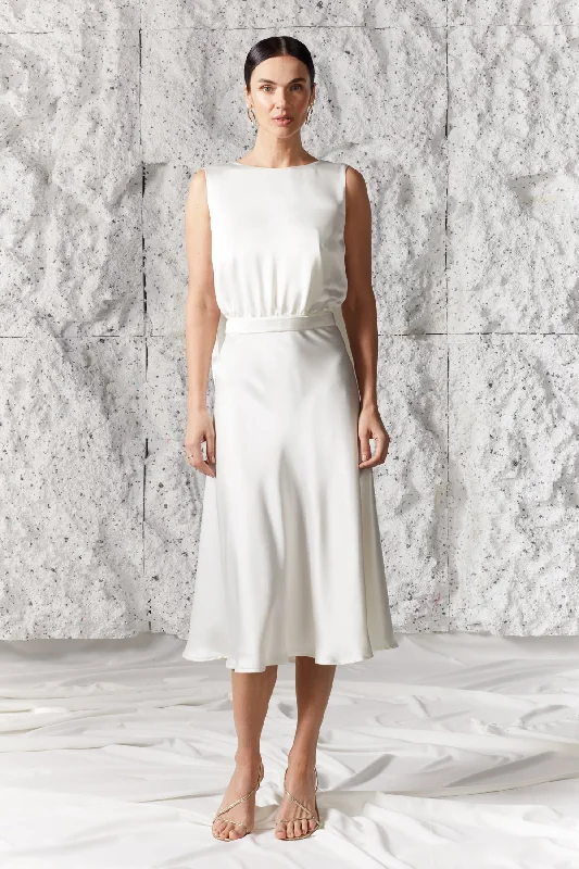 Super Price Drop ROSA white satin midi dress with back ribbons