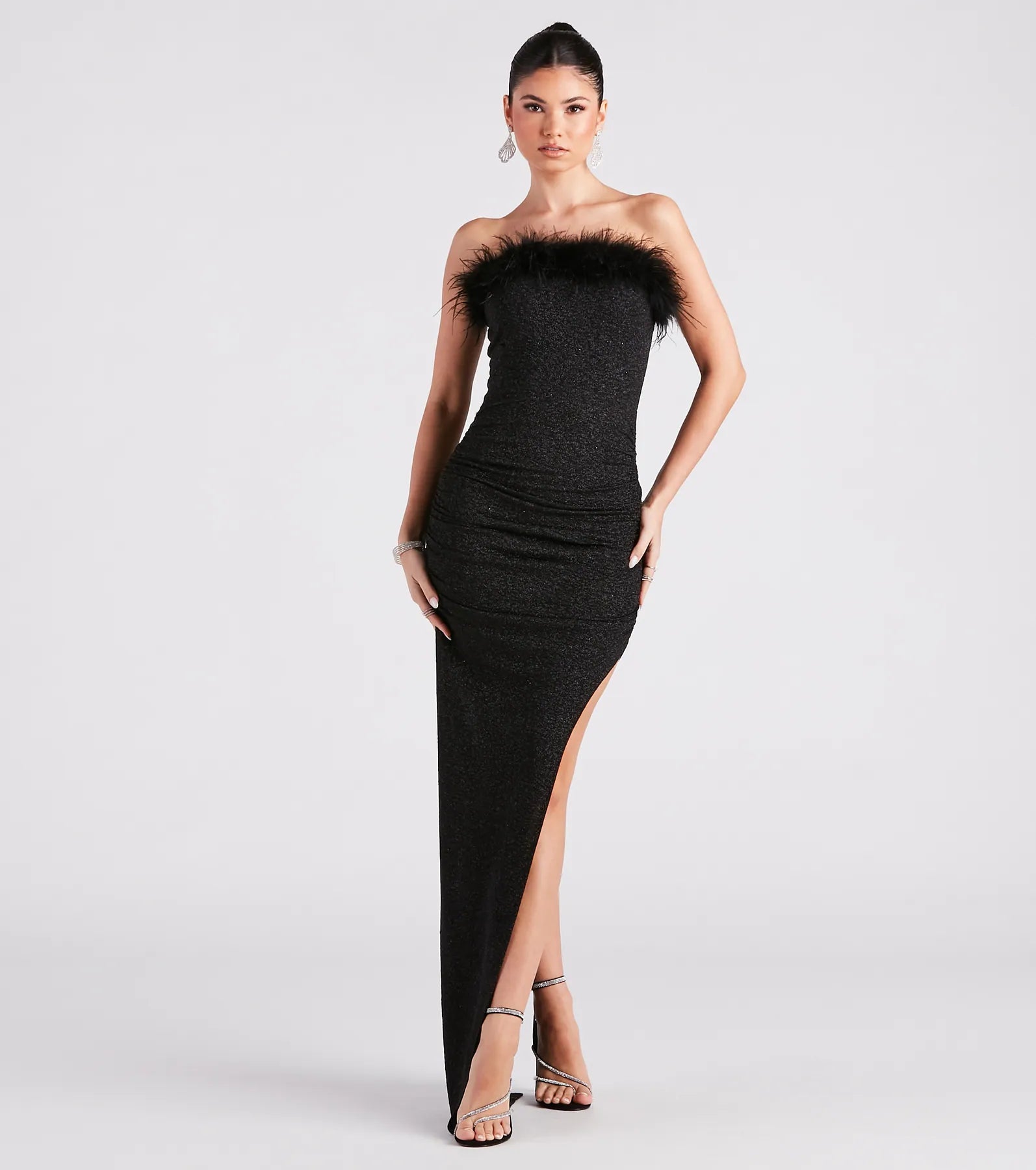 Get It Now Rosaline Formal Glitter Marabou Strapless Dress