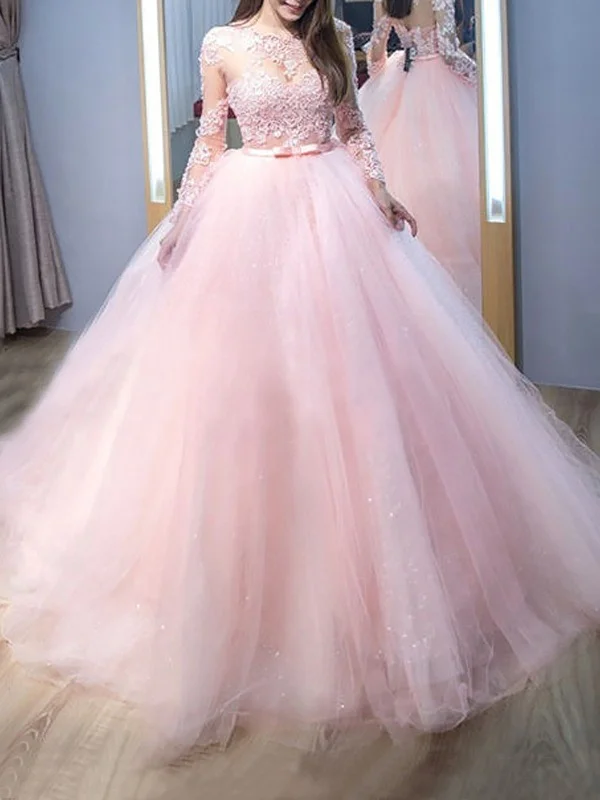 Round Neck Long Sleeves Pink Lace Long Prom Dresses, Long Sleeves Pink Formal Evening Dresses, Pink Lace Ball Gown SP2180