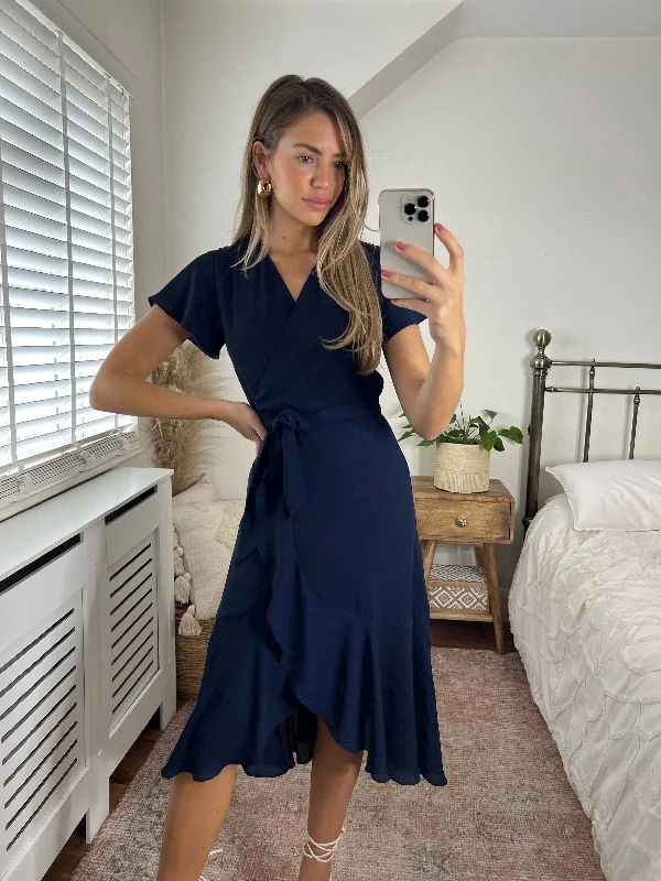 Clearance Event Faith Midi Ruffle Dress / Navy