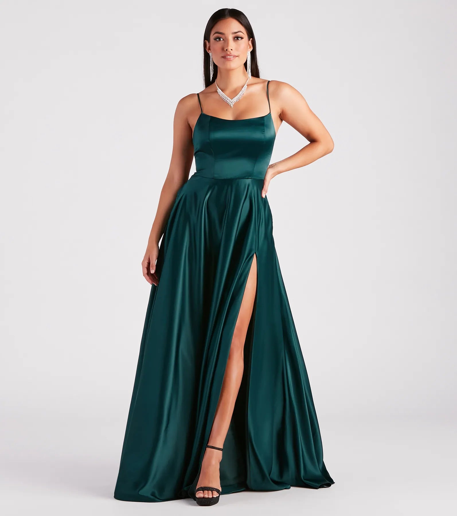 Shop & Save Today Rylan High Slit A-Line Satin Formal Dress