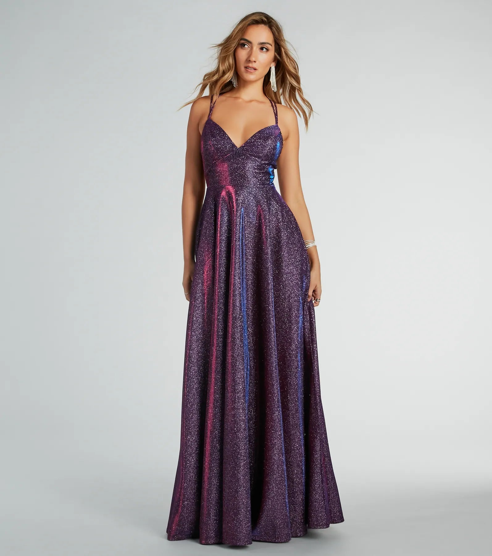 Weekend Bargain Weekends Sherry Caged Strappy A-Line Glitter Formal Dress