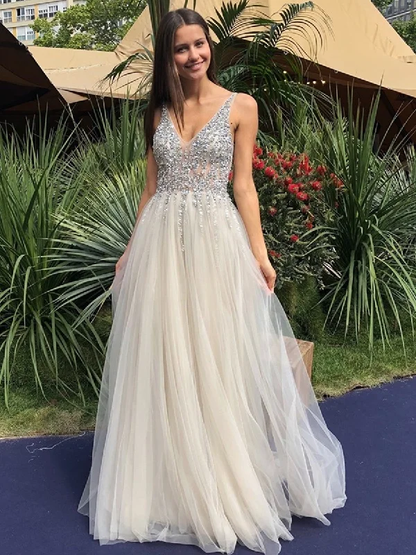 Shiny A Line V Neck Backless Sequins Gray Long Prom Dresses 2020, Sparkly Open Back Sequins Grey Formal Graduation Evening Dresses