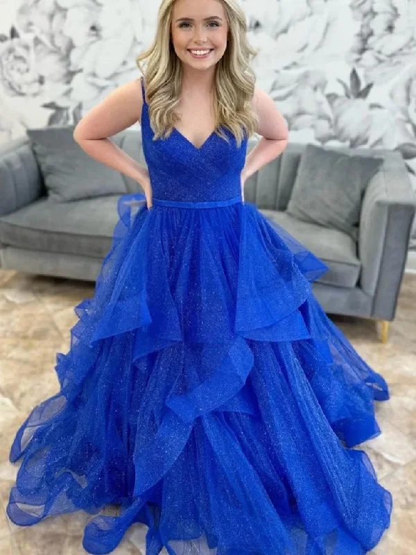 Shiny V Neck Blue Tulle Long Prom Dresses, Fluffy Blue V Neck Formal Evening Dresses