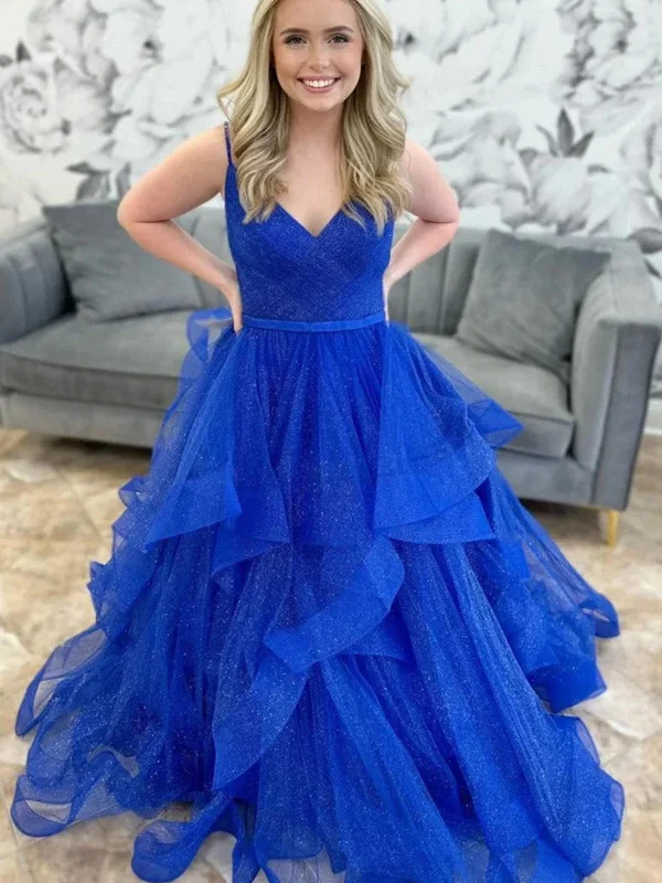 Shiny V Neck Fluffy Blue Tulle Long Prom Dresses,  V Neck Blue Formal Evening Dresses