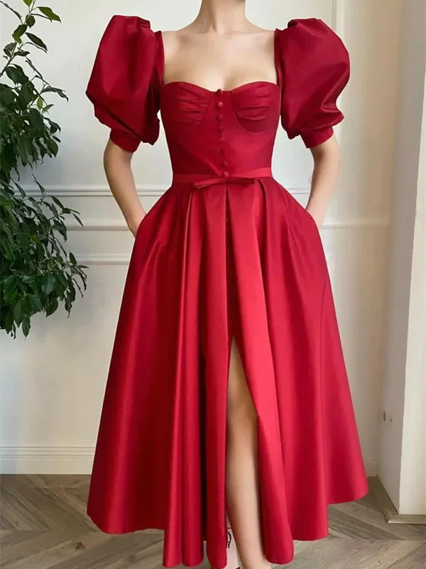 Weekend Hot Bargains Short Red Satin Prom Dresses, Red Tea length Satin Formal Homecoming Dresses