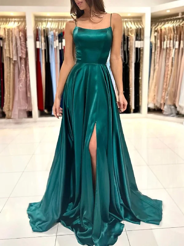 Simple A Line Dark Green Backless Satin Long Prom Dresses, Open Back Dark Green Long Formal Evening Dresses