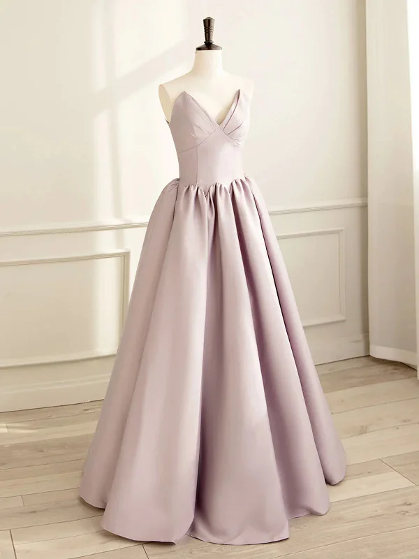 Weekend Clearance Frenzy Simple A Line Satin Pink Strapless Long Prom Dresses, Pink Formal Bridesmaid Dresses