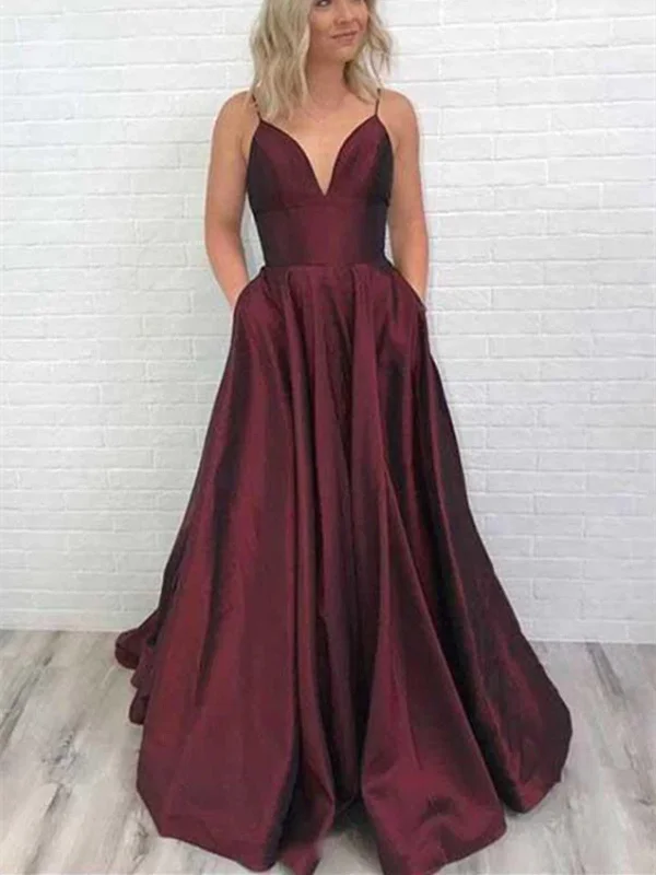 Flash Sale Simple A Line V Neck Burgundy Satin Prom Dresses With Train, Spaghetti Straps Burgundy Formal Evening Dresses Flash Sale Simple A Line V Neck Burgundy Satin Prom Dresses With Train, Spaghetti Straps Burgundy Formal Evening Dresses
