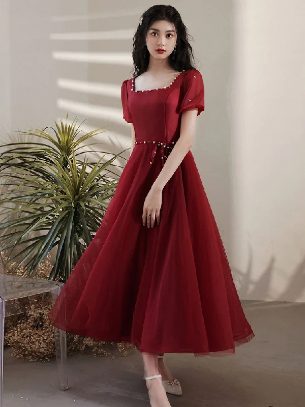 Weekend Only Steals Simple Tea Length Burgundy Prom Dress, Burgundy Graduation Dresses