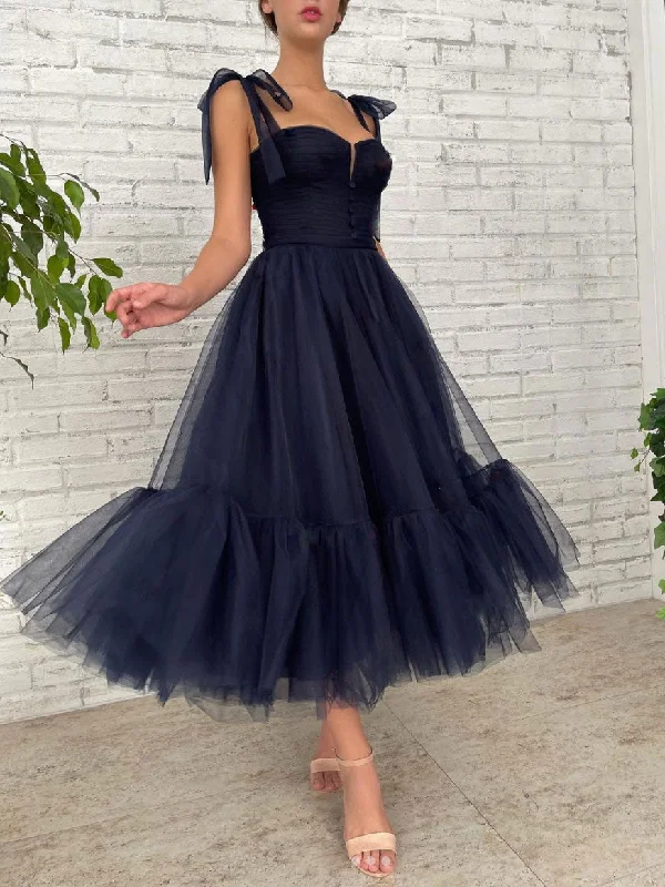 Weekend Deals Galore Simple dark blue tulle prom dress, blue tulle formal dress
