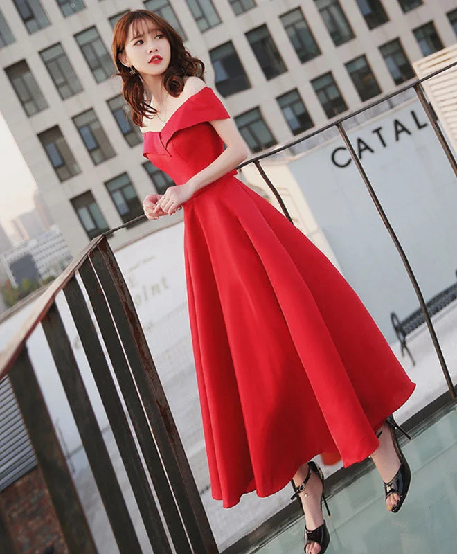Weekend Deals You’ve Been Waiting For Simple Red Off Shoulder Tea Length Prom Dress, Red Evening Dress Weekend Deals You’ve Been Waiting For Simple Red Off Shoulder Tea Length Prom Dress, Red Evening Dress