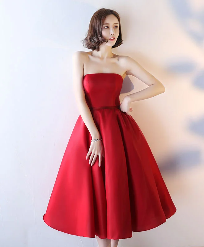 Weekend Super Sale Alert Simple Red Strapless Tea Length Prom Dress, Red Evening Dress Weekend Super Sale Alert Simple Red Strapless Tea Length Prom Dress, Red Evening Dress