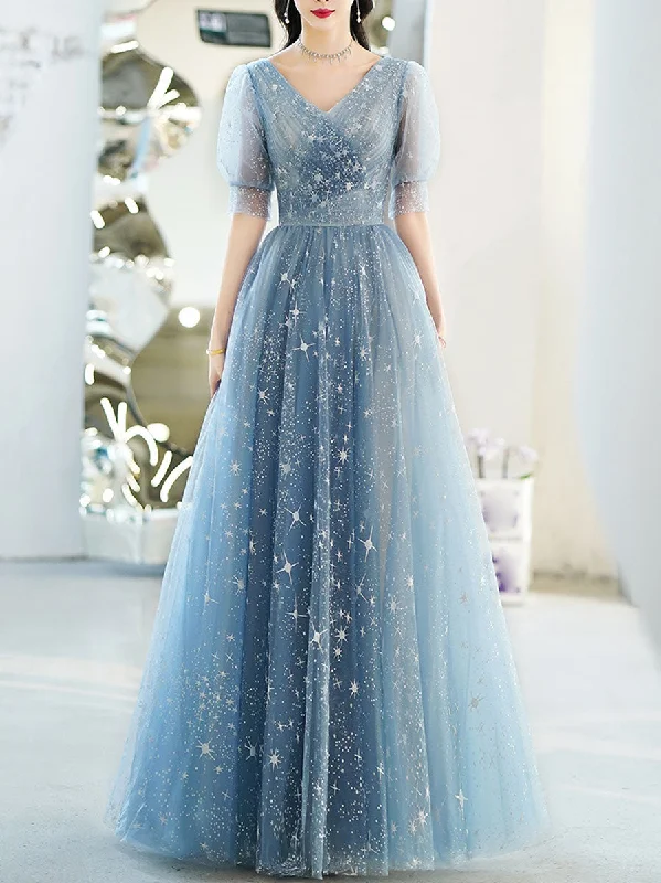 Exclusive Savings Simple V Neck Tulle Star Blue Long Prom Dress, Blue Formal Bridesmaid Dresses Exclusive Savings Simple V Neck Tulle Star Blue Long Prom Dress, Blue Formal Bridesmaid Dresses